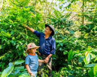 Mann og barn viser frem kaffeplanter