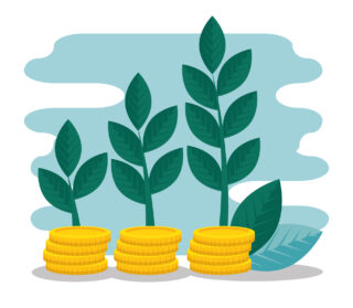 Illustrasjon av penger med grønne vekster som spirer fra myntene